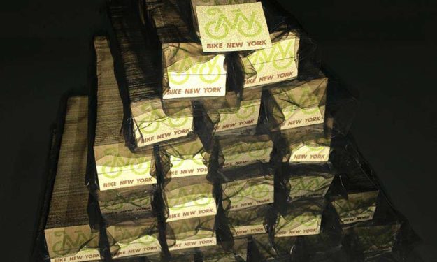 Bike New York Stack of 10k stickers visible at night