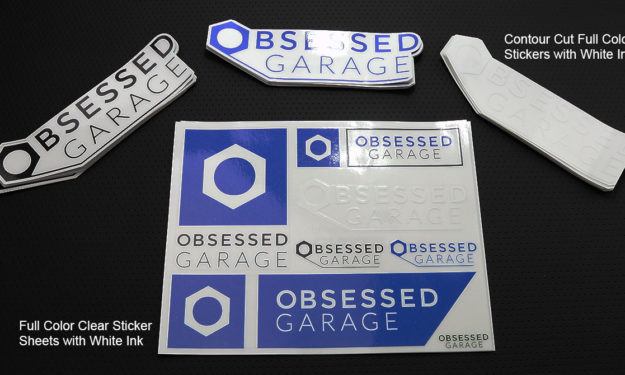 Full Color Obsessed Garage Sticker sheets with White Ink