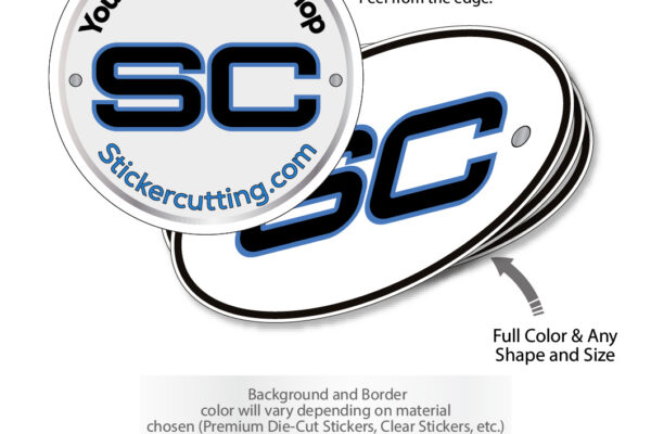 Educational graphic showing examples and features of custom circle and oval vinyl stickers.