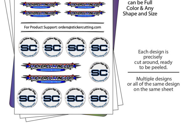Educational graphic showing custom die-cut vinyl sticker sheets with multiple designs and contour cutting.