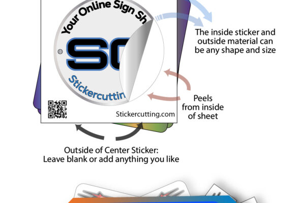 Informational guide explaining how custom kiss-cut vinyl stickers peel away from their backing sheet.