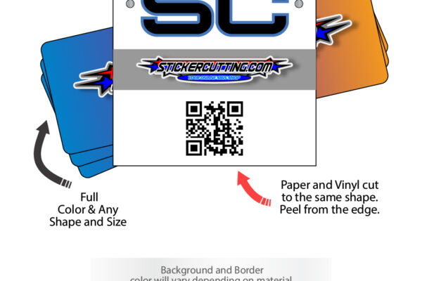 Informational graphic showing examples and features of custom square and rectangle vinyl stickers.